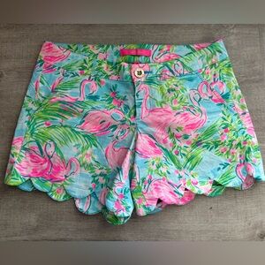 New Lilly Pulitzer Size 0 Buttercup stretch shorts Pink and Green Flamingo Print
